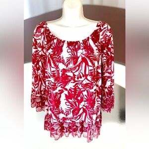 🎈I*N*C🎈RUFFLE SHEER MESH 3/4 SLEEVE TOP W/ REMOVABLE CAMI+BRA STRAP STAYS NWOT